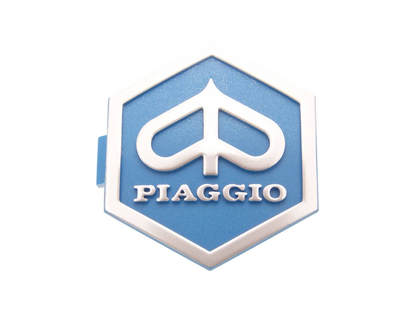 emblema / ženklelis Piaggio 3D šešiakampis 32x37 mm į kištuką, mėlyna / sidabrinė