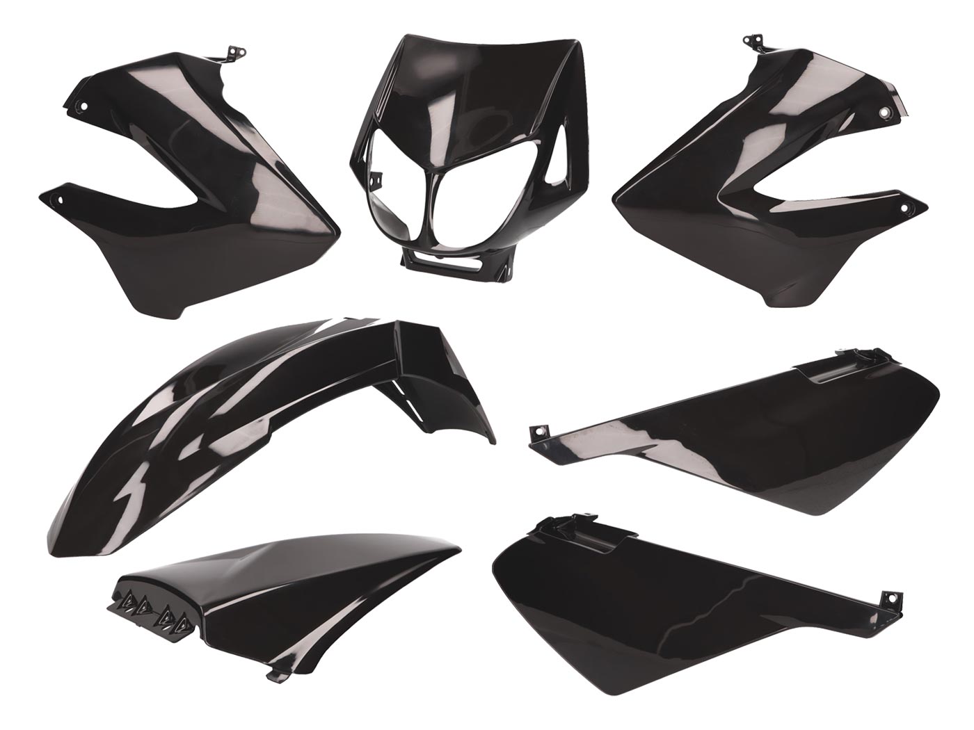 juodas plastikų komplektas, skirtas Derbi Senda R, SM X-Treme, SM DRD