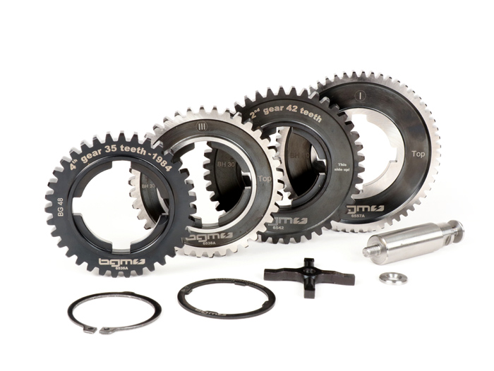 Pavarų dėžė (tik pavarų krumpliaračiams) -BGM PRO- Vespa P-gama (-1984) - PX125 (VNX1T, 146314-VNX2T, 232052), PX150 (VLX1T 264565-624601), PX200 (VS1516, VS1620) (VSD1T), Rally200 (VSE1T) – 12/57, 13/42, 17/38, 21/35 dantų – originalus santykis