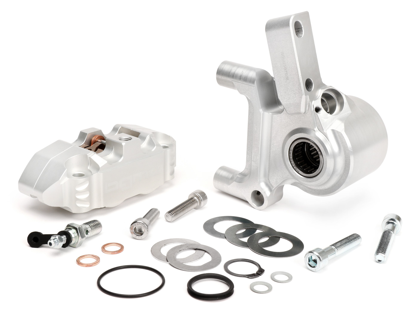 Priekinė stabdžių supportas įsk. apkabos laikiklis -BGM PRO, CNC Touring, 4 stūmokliai, radialinis montavimas - Stabdžių būgno tipas Piaggio/Grimeca Ø20mm- Vespa PX Disc (1998-), Mano, 2011 - sidabras