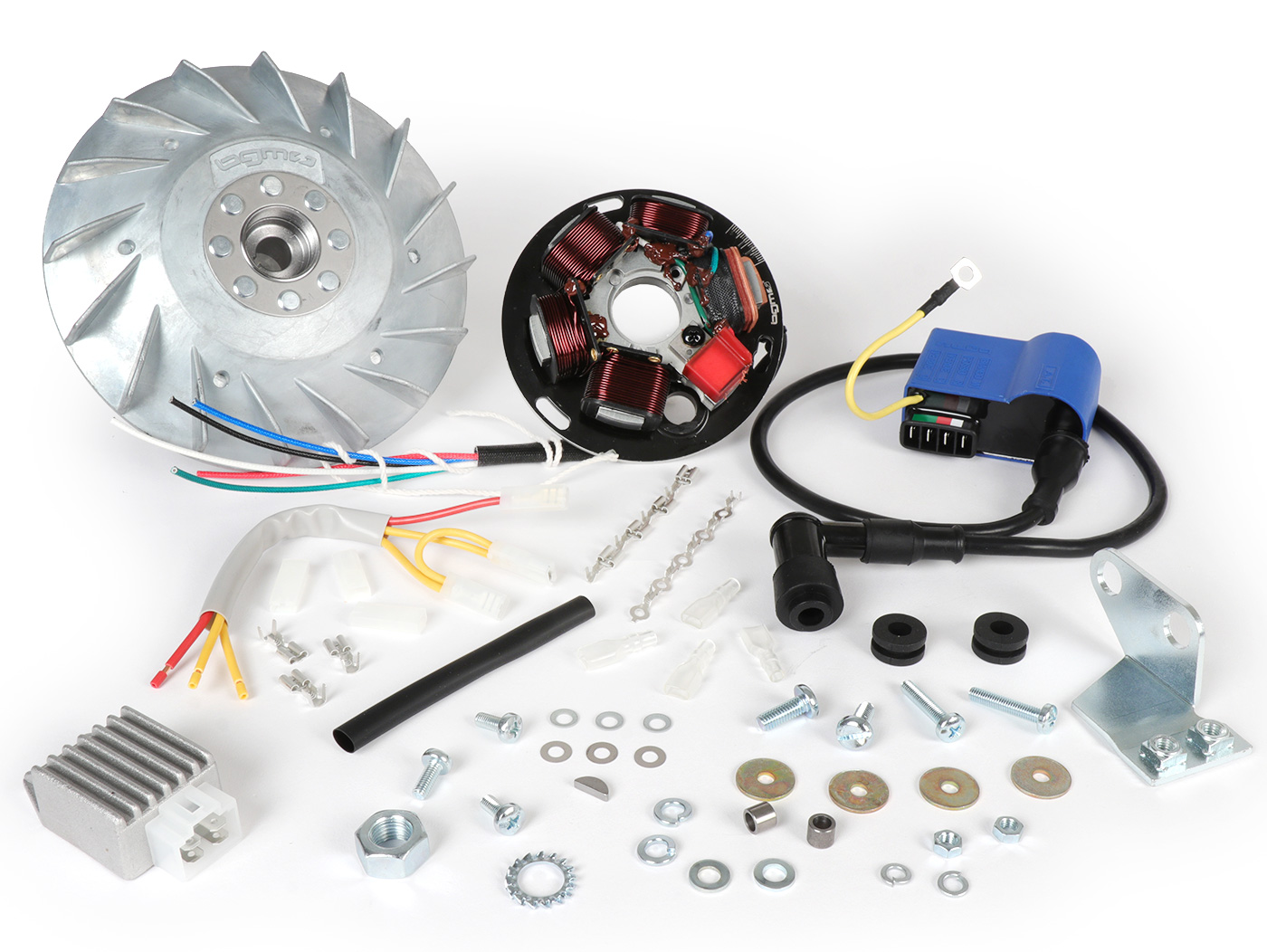 Uždegimas -BGM PRO 12V Touring - Perėjimas į elektroninį uždegimą - Vespa P125X/P200 (1977-1983, modeliai su indikatoriais, įtampos reguliatoriumi, be akumuliatoriaus) - P125X (VNX1T), P150X (VLX1T), P200E (VSX1T)