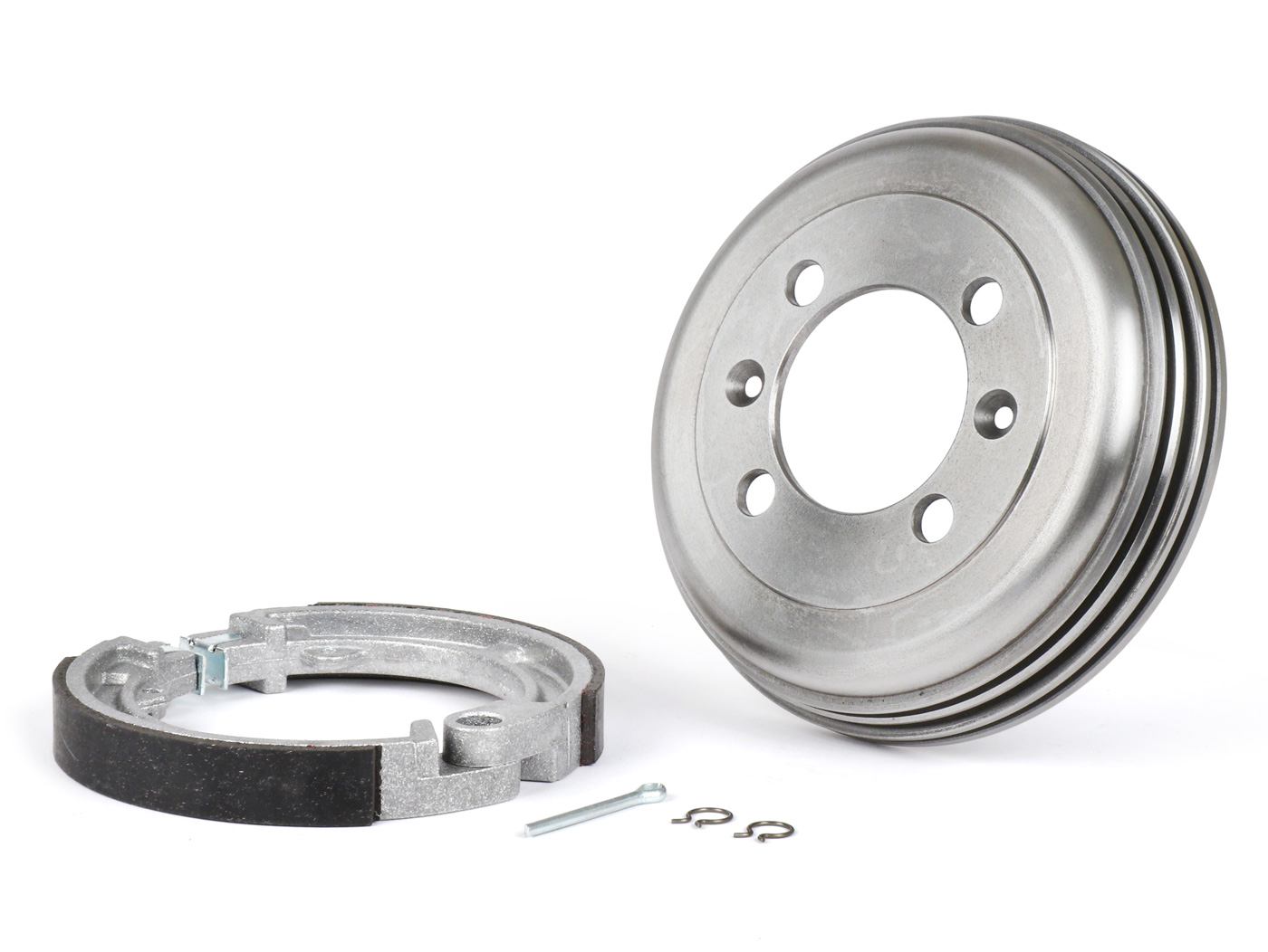 Priekinių stabdžių stebulė 8" su stabdžių kaladėlėmis -BGM PRO ketaus - Vespa Wideframe V1-15, V30-33, VU, VM, VN, VL, VB, ACMA, Hoffmann, Largeframe VBA, VBB, VNA, VNB