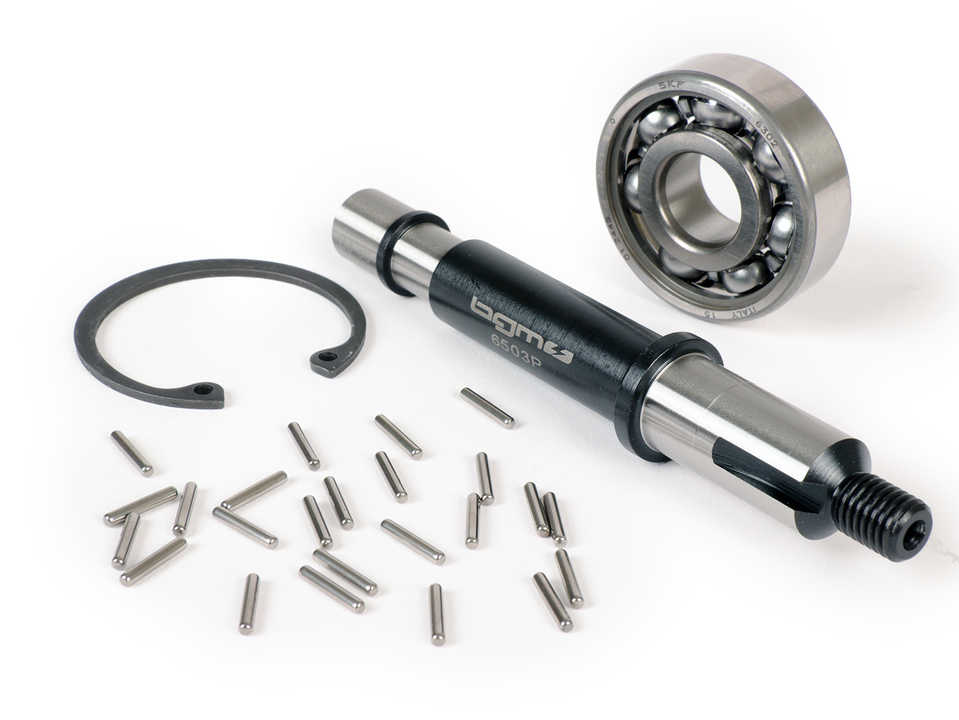 Pavarų bloko veleno komplektas su įsk. guolis -BGM ORIGINALUS- Vespa PX125, PX150, PX200, Cosa, T5 125cc - guolio lizdas: Ø=15mm, įvorė: Ø=13mm, ilgis: 121mm