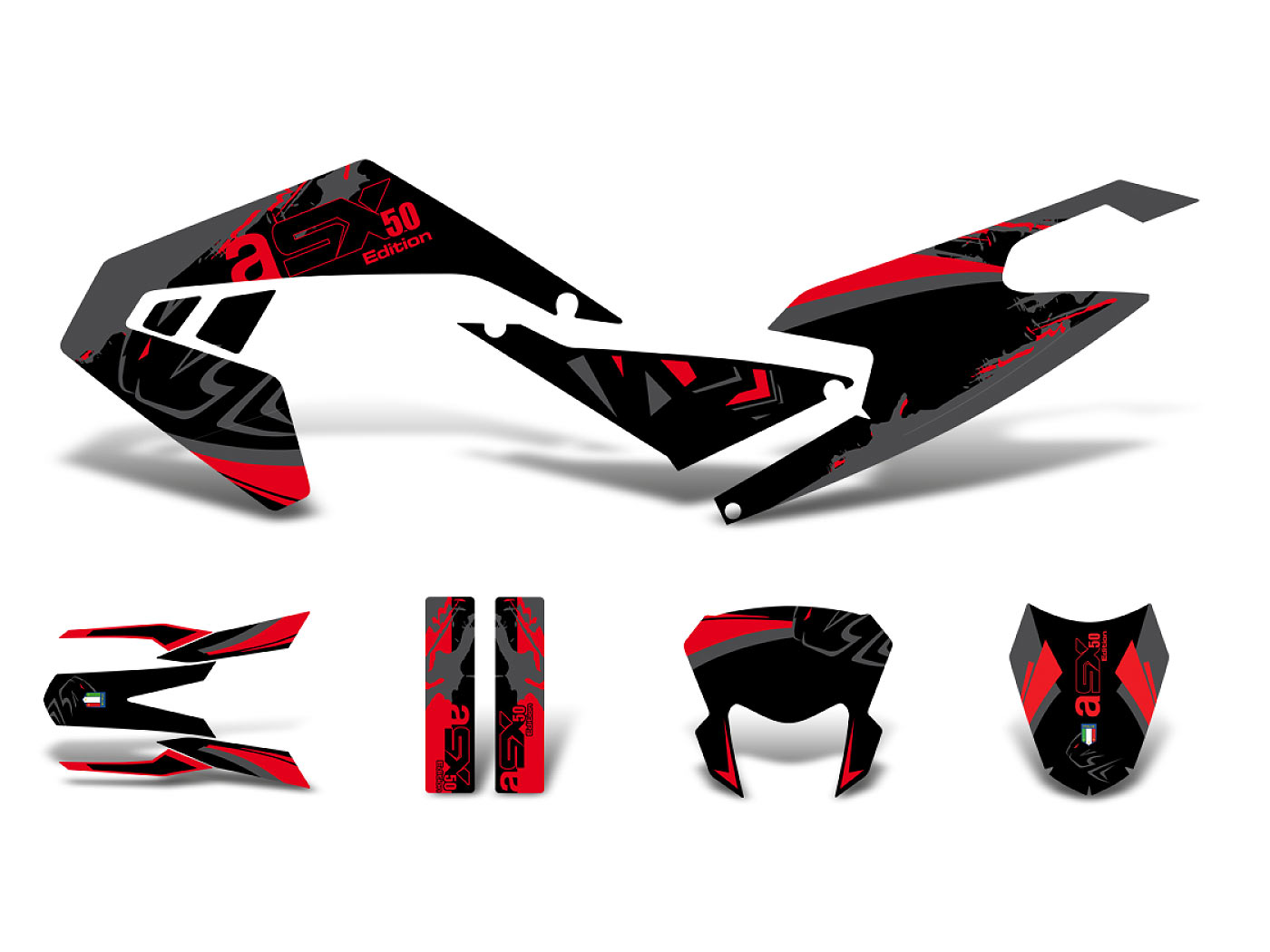 lipdukų komplektas juoda-raudona-pilka matinis Aprilia SX50 2018- Euro4