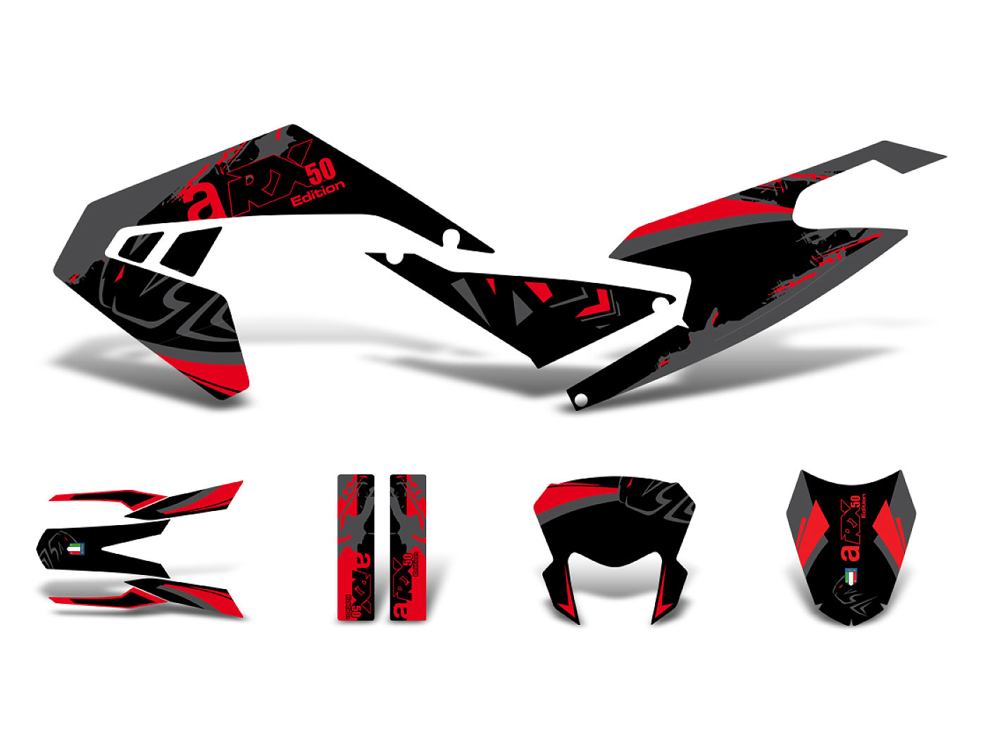 lipdukų komplektas juodai raudonai pilkas matinis Aprilia RX50 2018- Euro4