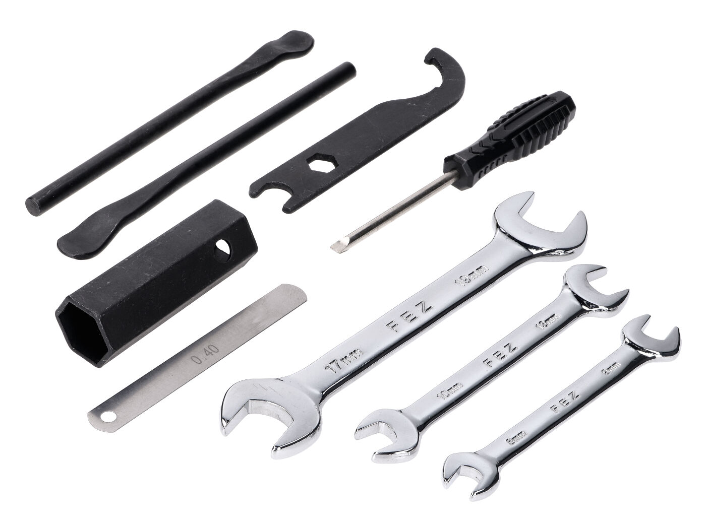 Įtaisytas įrankių komplektas 2 padangų svirtys 0,40 mm veržliaraktis veržliaraktis 8/9 mm 10/13 mm 17/19 mm, skirtas Zündapp, Kreidler, Hercules Prima M MK K KX, Simson, Puch Puch, Miele, DKW, KTM, Rixe, Sachs, Piaggio Ciao
