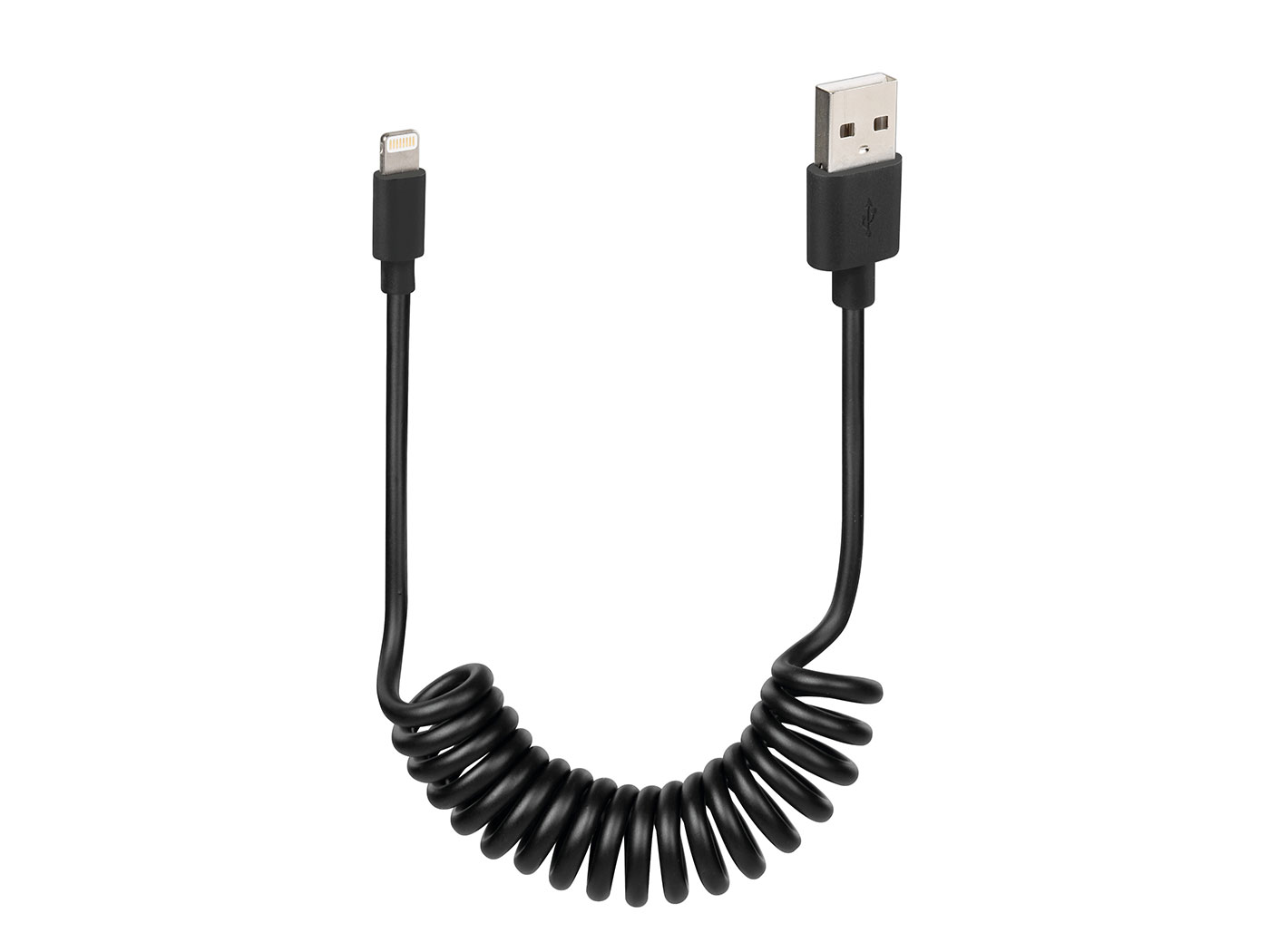 USB spiralinis kabelis / įkrovimo kabelis tipas USB-A iki Lightning 100cm juodos spalvos